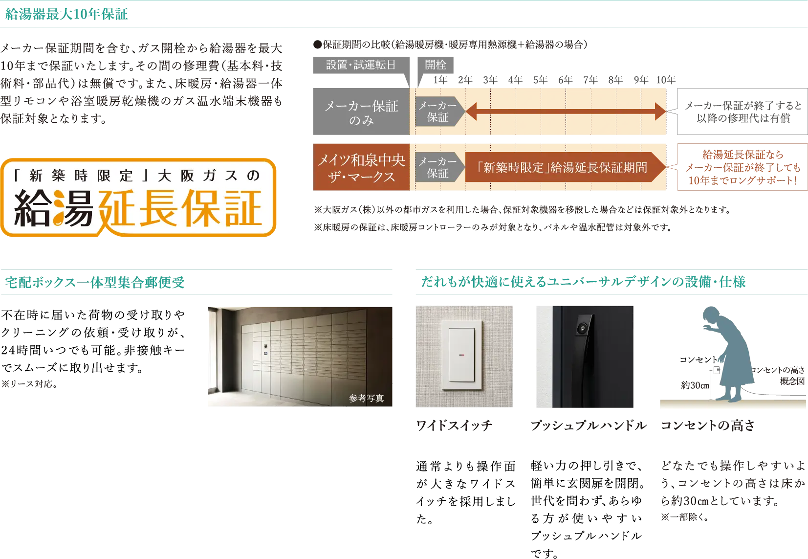 給湯器最大10年保証 宅配ボックス一体型集合郵便受 だれもが快適に使えるユニバーサルデザインの設備・仕様