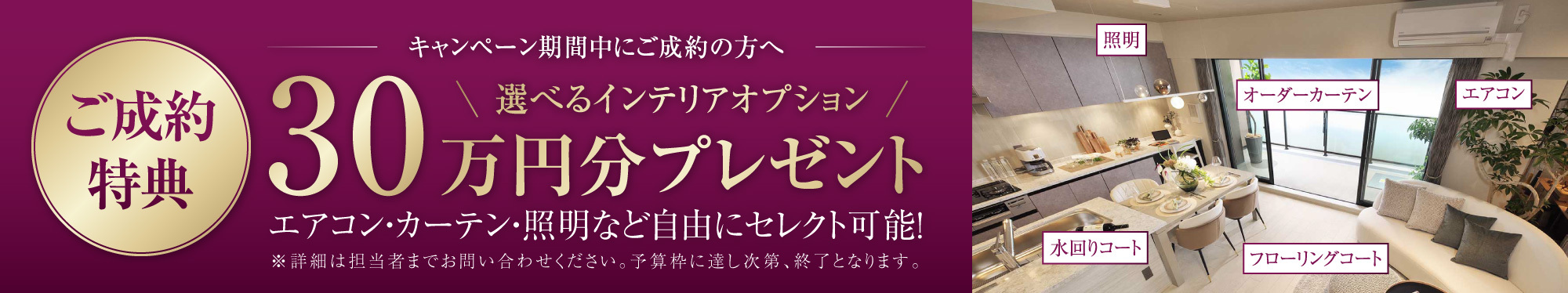 ご成約特典 キャンペーン期間中にご成約の方へ 選べるインテリアオプション30万円分プレモント エアコン・カーテン・照明など自由にセレクト可能！※詳細は担当者までお問い合わせください。予算枠に達し次第、終了となります。