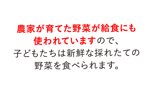 農家が育てた野菜が給食にも使われていますので、子どもたちは新鮮な採れたての野菜を食べられます。