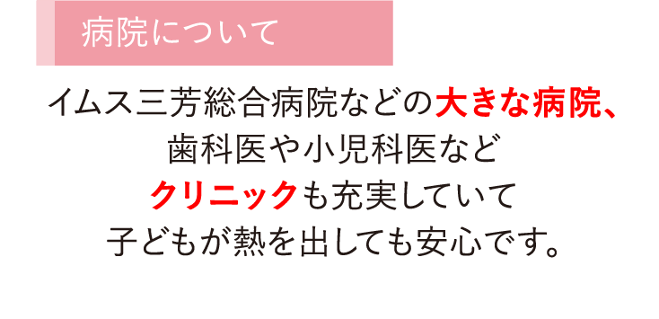 イムス三芳総合病院などの大きな病院、歯科医や小児科医などクリニックも充実していて子どもが熱を出しても安心です。