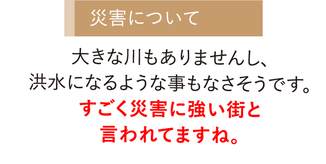 大きな川もありませんし、洪水になるような事もなさそうです。すごく災害に強い街と言われてますね。